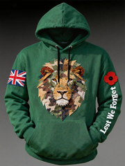 Herren-Kapuzenpullover mit überschnittenen Schultern und Taschen, Aufdruck „British Lion Lest We Forget“