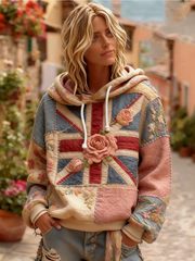 Damen-Kapuzenpullover mit britischer Flagge und Blumenmuster sowie Kordelzug