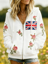 Damen-Kapuzenjacke mit Reißverschluss und britischem Flaggen-Blumenmuster