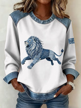 Damen-Sweatshirt im britischen Denim-Stil mit Löwen-Patchwork-Muster