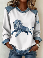 Damen-Sweatshirt im britischen Denim-Stil mit Löwen-Patchwork-Muster