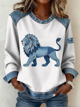 Damen-Sweatshirt im britischen Denim-Stil mit Löwen-Patchwork-Muster