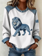 Damen-Sweatshirt im britischen Denim-Stil mit Löwen-Patchwork-Muster
