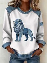 Damen-Sweatshirt im britischen Denim-Stil mit Löwen-Patchwork-Muster