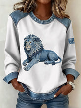 Damen-Sweatshirt im britischen Denim-Stil mit Löwen-Patchwork-Muster