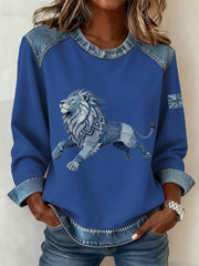 Damen-Sweatshirt im britischen Denim-Stil mit Löwen-Patchwork-Muster