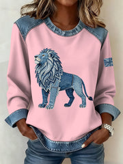 Damen-Sweatshirt im britischen Denim-Stil mit Löwen-Patchwork-Muster
