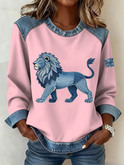 Damen-Sweatshirt im britischen Denim-Stil mit Löwen-Patchwork-Muster
