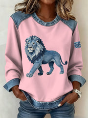 Damen-Sweatshirt im britischen Denim-Stil mit Löwen-Patchwork-Muster