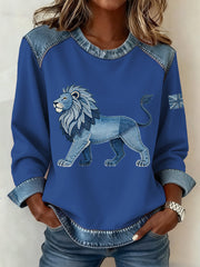 Damen-Sweatshirt im britischen Denim-Stil mit Löwen-Patchwork-Muster
