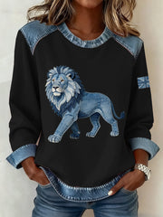 Damen-Sweatshirt im britischen Denim-Stil mit Löwen-Patchwork-Muster