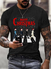 Herren-T-Shirt im Retro-Stil mit Aufdruck einer legendären Rockband und dem Motiv „Frohe Weihnachten“