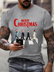 Herren-T-Shirt im Retro-Stil mit Aufdruck einer legendären Rockband und dem Motiv „Frohe Weihnachten“