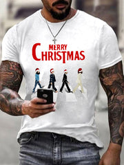 Herren-T-Shirt im Retro-Stil mit Aufdruck einer legendären Rockband und dem Motiv „Frohe Weihnachten“