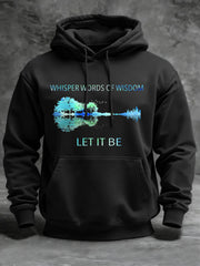 Retro-Hoodie für Herren mit Gitarrenprint und dem Aufdruck „Whisper Words Of Wisdom Let It Be“.
