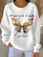 Retro-Sweatshirt für Damen mit Gitarrenprint und dem Aufdruck „Whisper Words Of Wisdom Let It Be“.