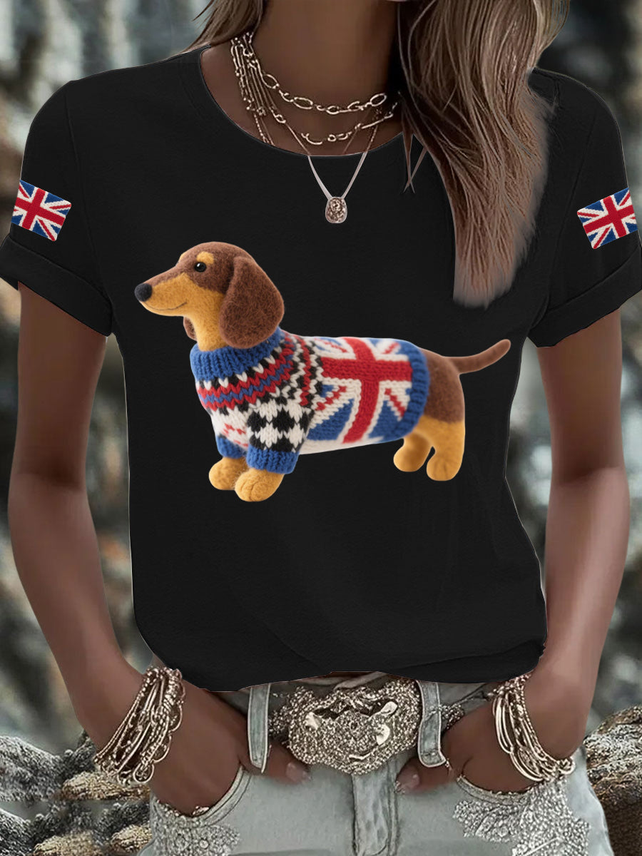 Women's UK Flag Dachshund Printed T-shirt