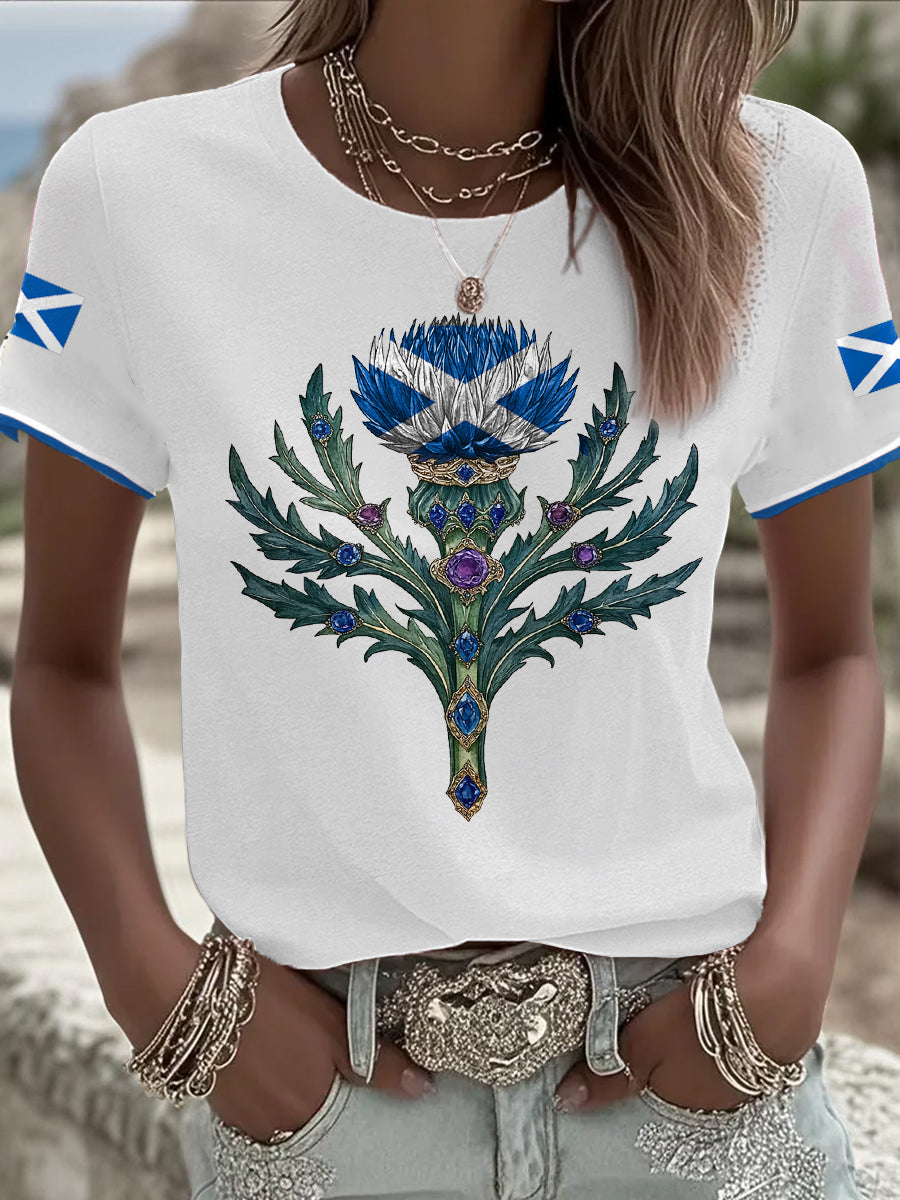 Women's Scotland Flag Art Thistle Printed T-shirt