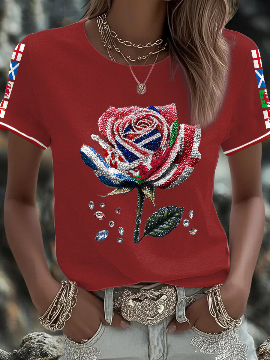 Women's UK Flag Art Rose Printed T-shirt