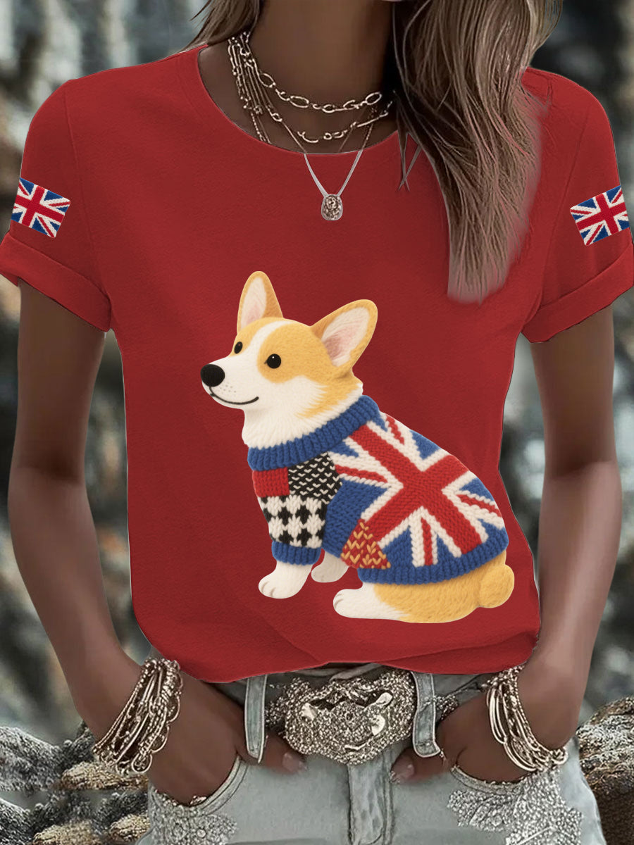 Women's UK Flag Corgi Printed T-shirt