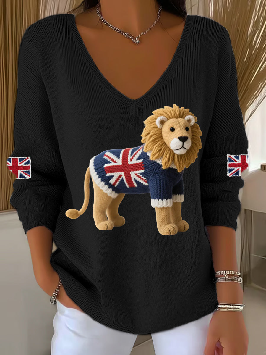 Women's Union Jack Lion Print Casual Long-Sleeve Top