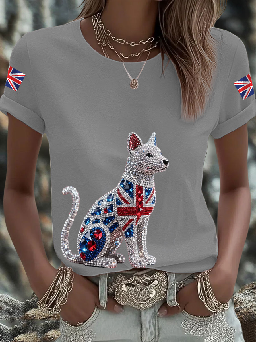 Women's British imitation diamond hot-drilling Printed short-sleeved T-shirt