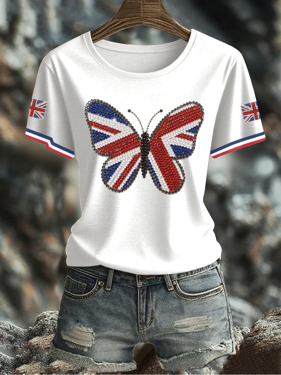 Damen-T-Shirt mit Schmetterlingsprint und britischer Flagge