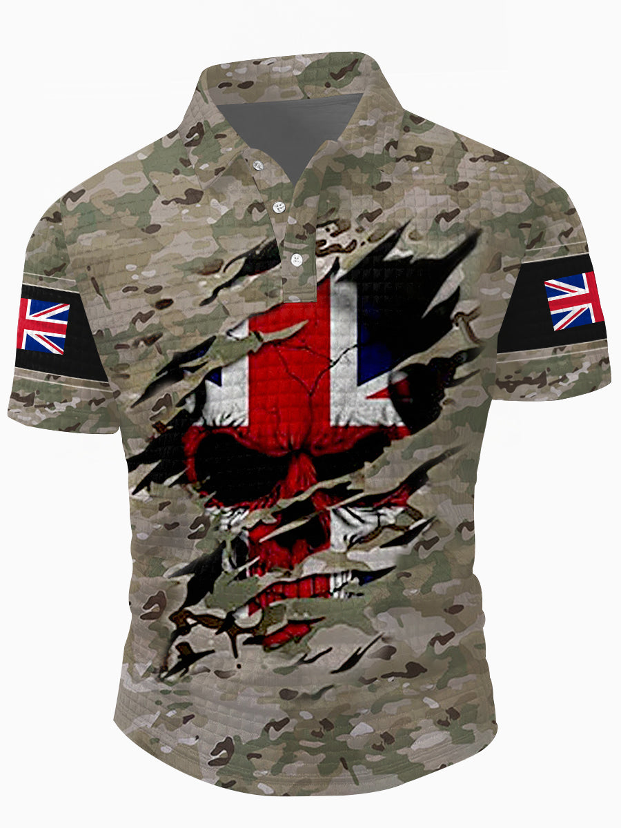 Men's UK Flag Camouflage Skull Print Casual Waffle Top