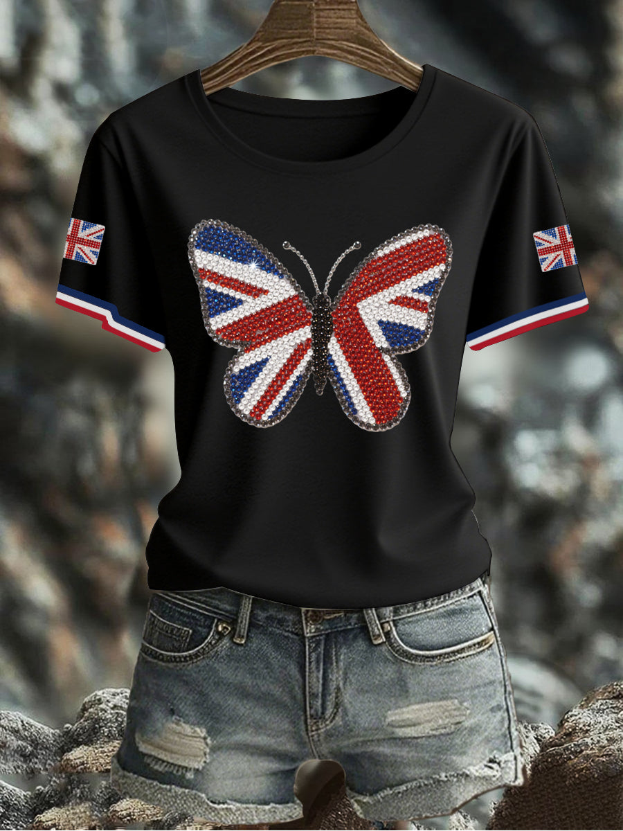 Damen-T-Shirt mit Schmetterlingsprint und britischer Flagge