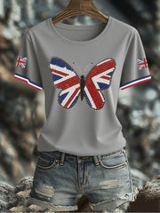 Damen-T-Shirt mit Schmetterlingsprint und britischer Flagge