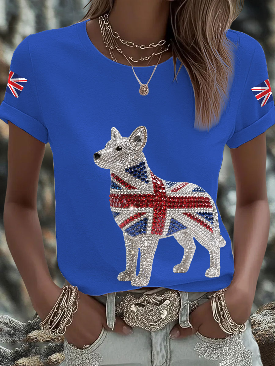 Women's British imitation diamond hot-drilling Printed short-sleeved T-shirt
