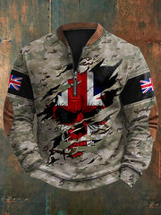 Men's UK Flag Camouflage Skull Print Casual Zipper Pullover