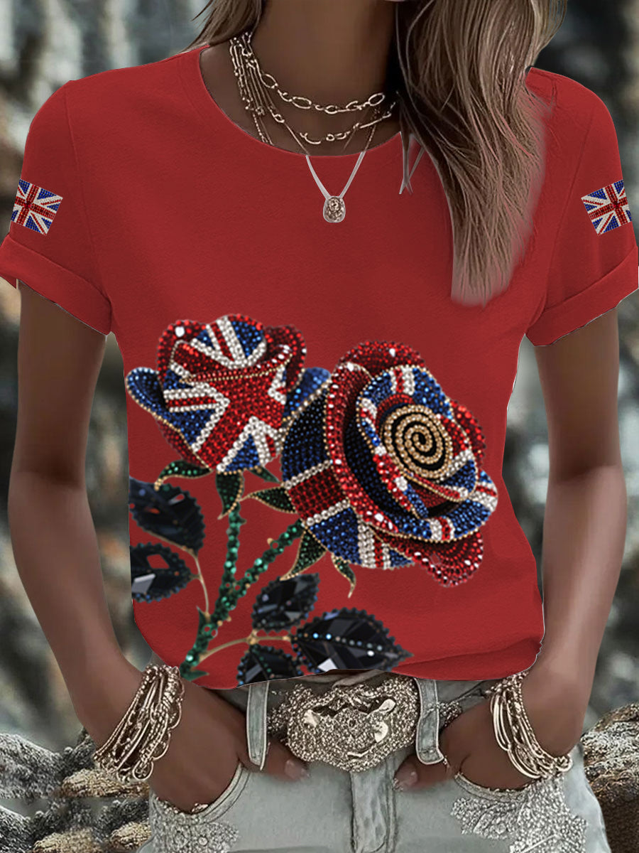 Women's British imitation diamond hot-drilling Printed Iron On Short Sleeve T-Shirt