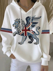 Lässiger Damen-Hoodie im britischen Stil aus Denim-Imitat mit Strass- und Heißnagel-Print