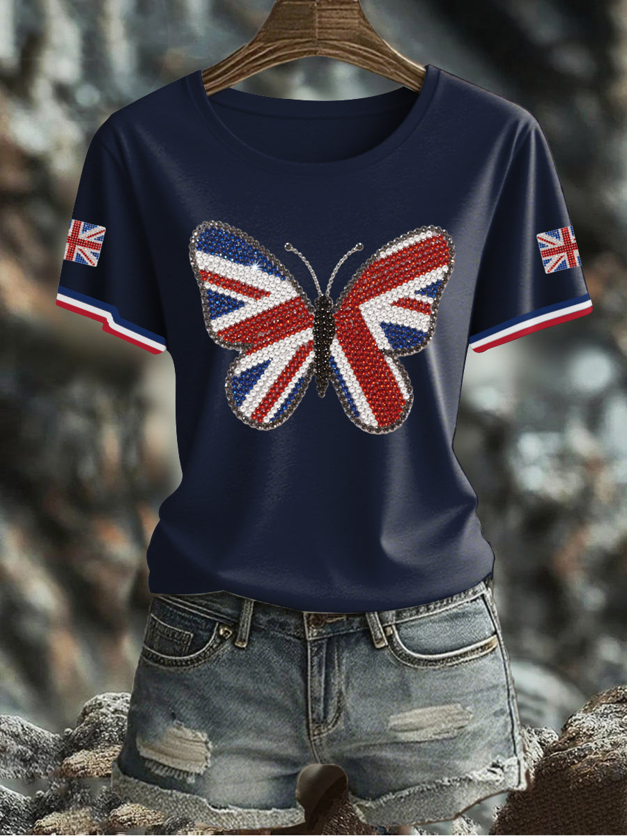 Damen-T-Shirt mit Schmetterlingsprint und britischer Flagge