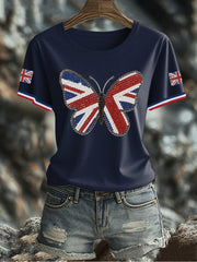 Damen-T-Shirt mit Schmetterlingsprint und britischer Flagge