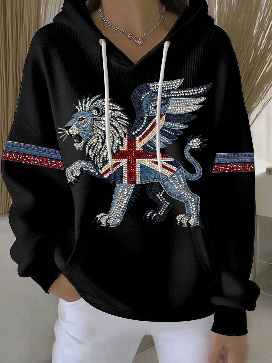 Lässiger Damen-Hoodie im britischen Stil aus Denim-Imitat mit Strass- und Heißnagel-Print
