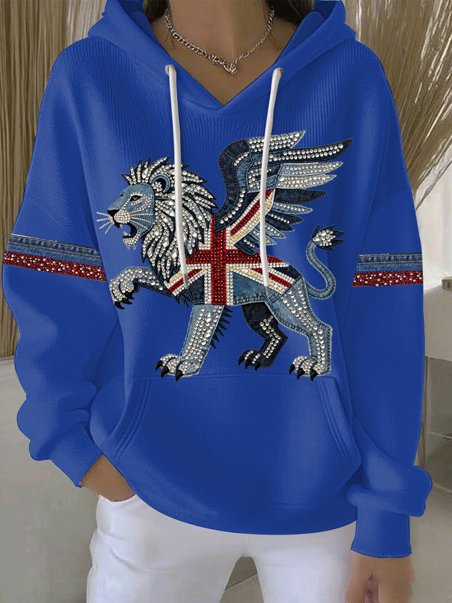 Lässiger Damen-Hoodie im britischen Stil aus Denim-Imitat mit Strass- und Heißnagel-Print