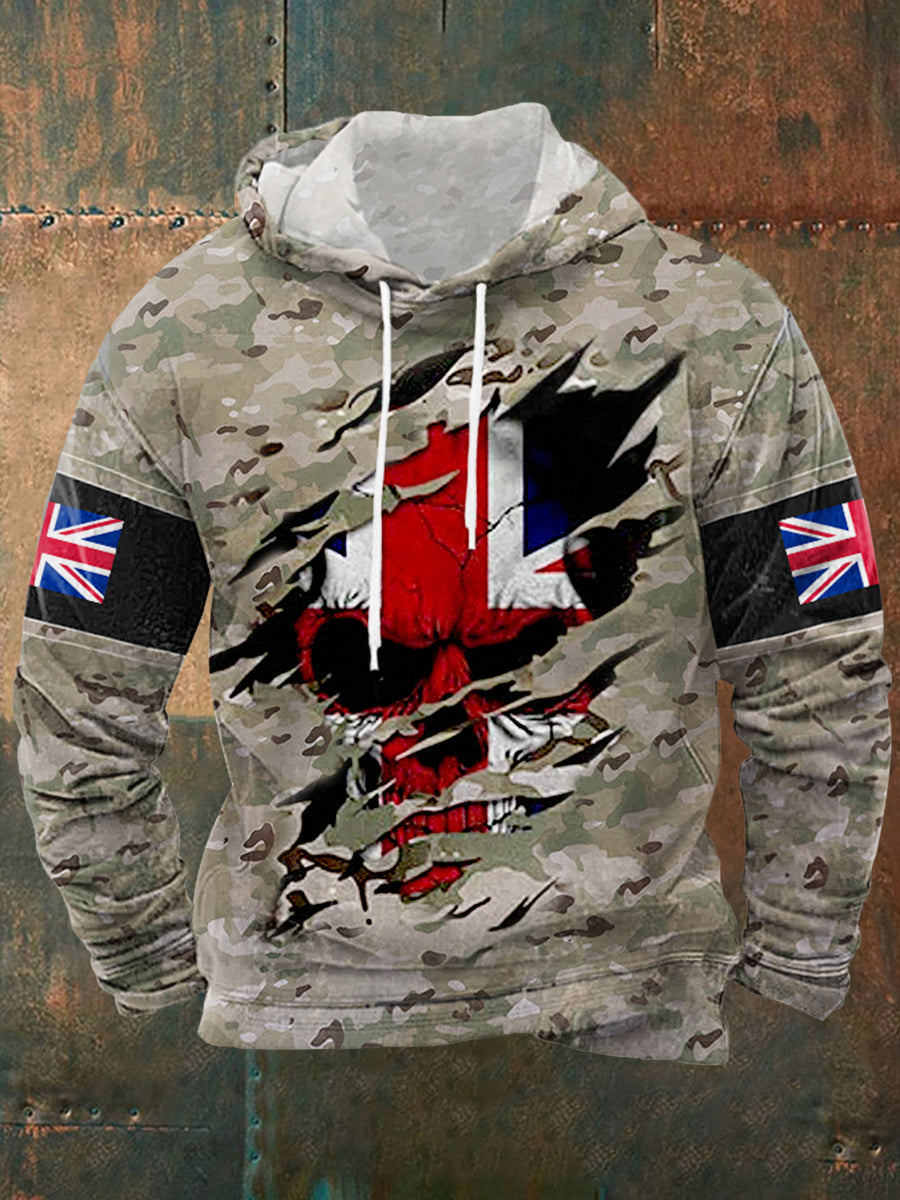 Men's UK Flag Camouflage Skull Print Casual Hoodie