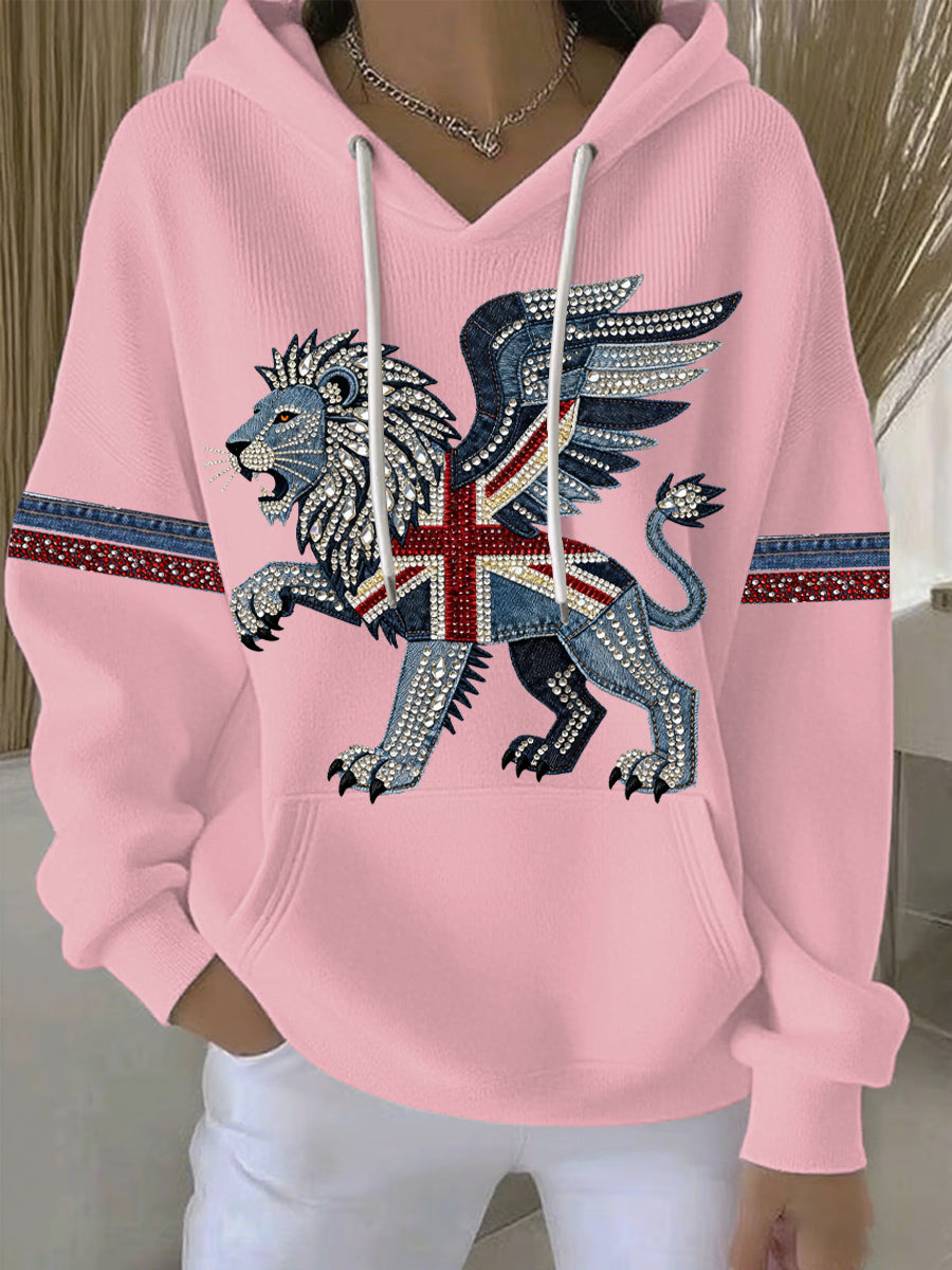 Lässiger Damen-Hoodie im britischen Stil aus Denim-Imitat mit Strass- und Heißnagel-Print