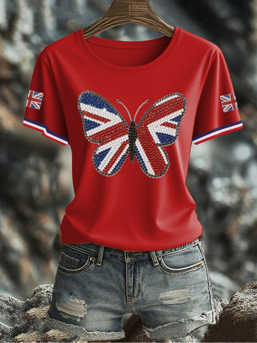 Damen-T-Shirt mit Schmetterlingsprint und britischer Flagge