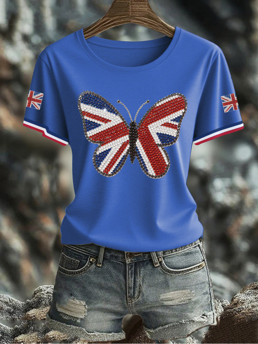 Damen-T-Shirt mit Schmetterlingsprint und britischer Flagge