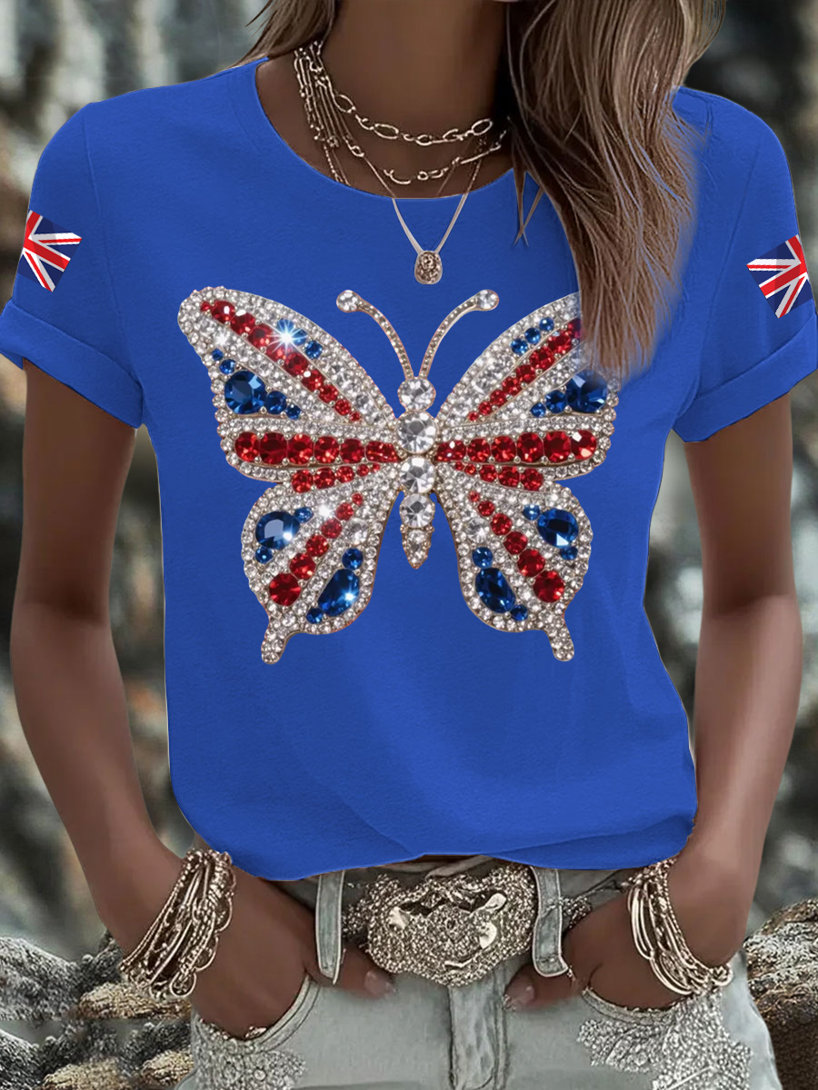 Women's British imitation diamond hot-drilling Printed Iron On Short Sleeve T-Shirt
