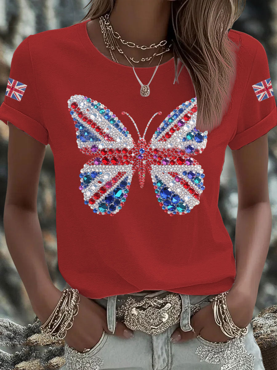Women's British imitation diamond hot-drilling Printed Iron On Short Sleeve T-Shirt