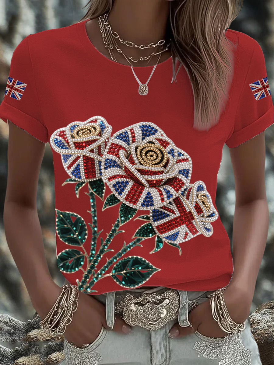 Women's British imitation diamond hot-drilling Printed Iron On Short Sleeve T-Shirt