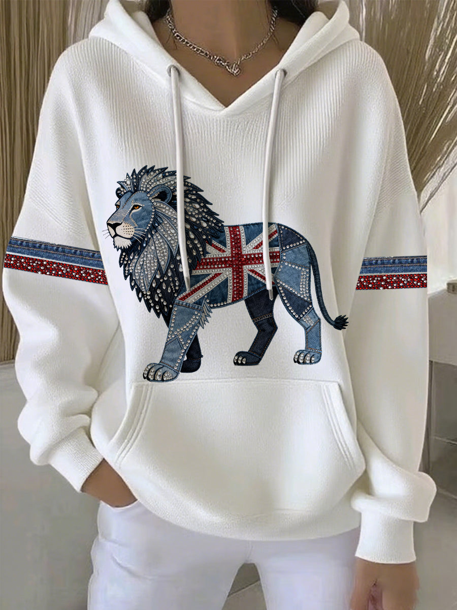 Lässiger Damen-Hoodie im britischen Stil aus Denim-Imitat mit Strass- und Heißnagel-Print