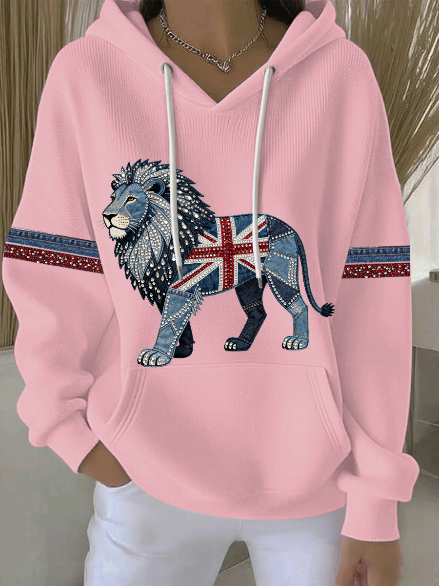 Lässiger Damen-Hoodie im britischen Stil aus Denim-Imitat mit Strass- und Heißnagel-Print