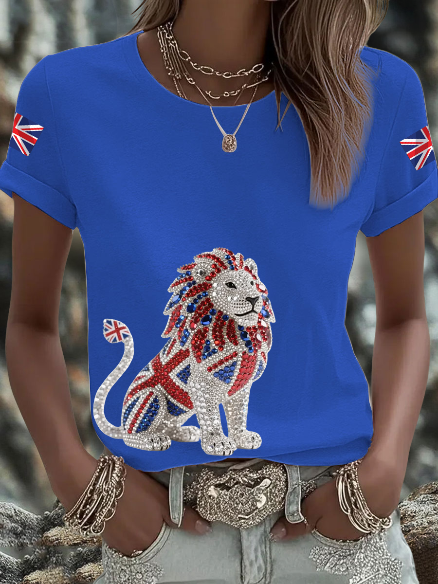 Women's British imitation diamond hot-drilling Printed short-sleeved T-shirt