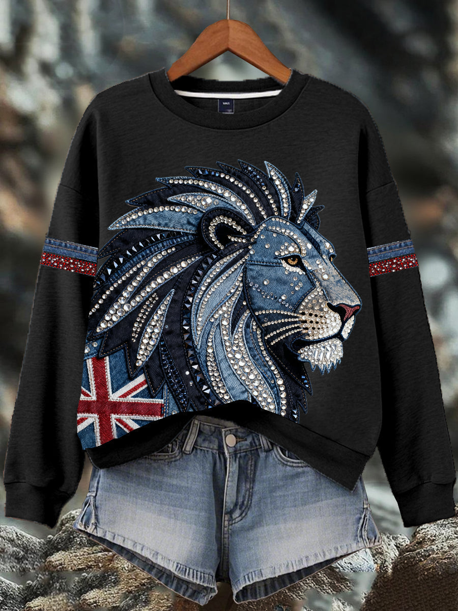 Damen-Sweatshirt im britischen Stil mit Strass- und Heißnagel-Print aus Denim-Imitat.