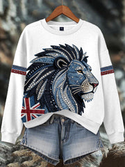 Damen-Sweatshirt im britischen Stil mit Strass- und Heißnagel-Print aus Denim-Imitat.